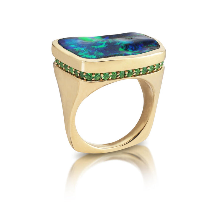 18K Yellow Gold Australian Boulder Opal/Tsavorite Ring