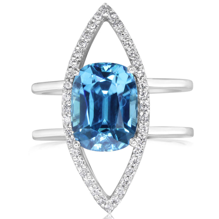 14K White Gold Blue Zircon/Diamond Ring