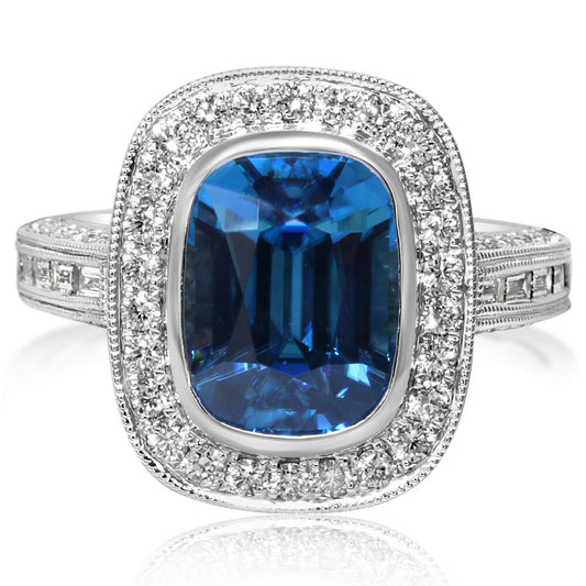 14K White Gold Blue Zircon/Diamond Ring