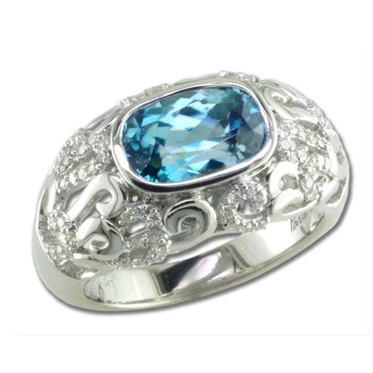 18K White Gold Blue Zircon/Diamond Ring