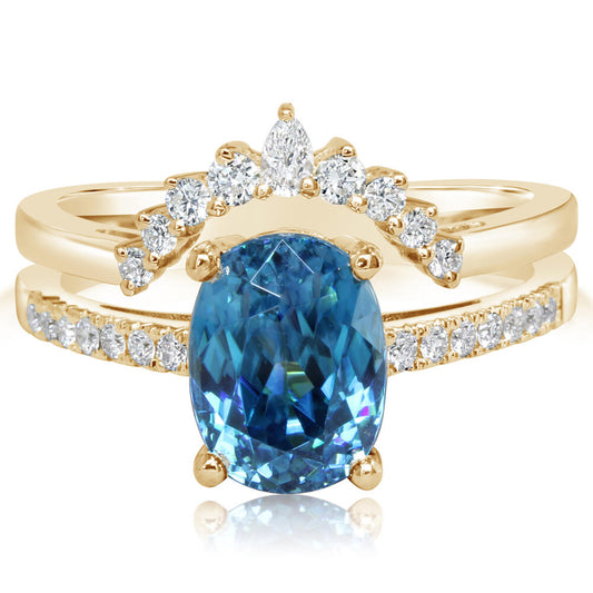 14K Yellow Gold Blue Zircon/Diamond Ring