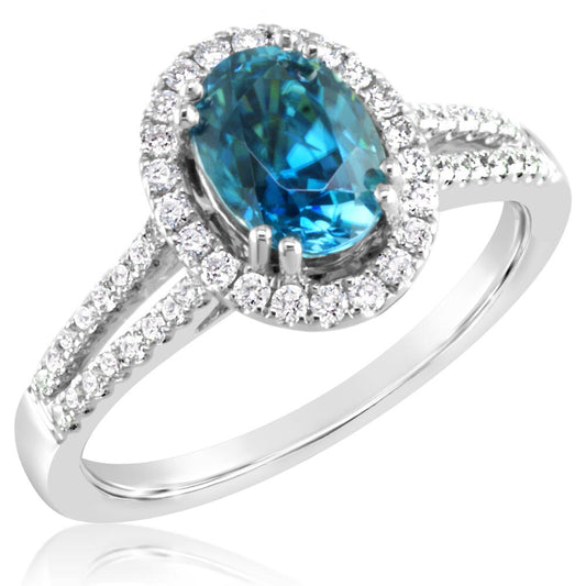 18K White Gold Blue Zircon/Diamond Ring