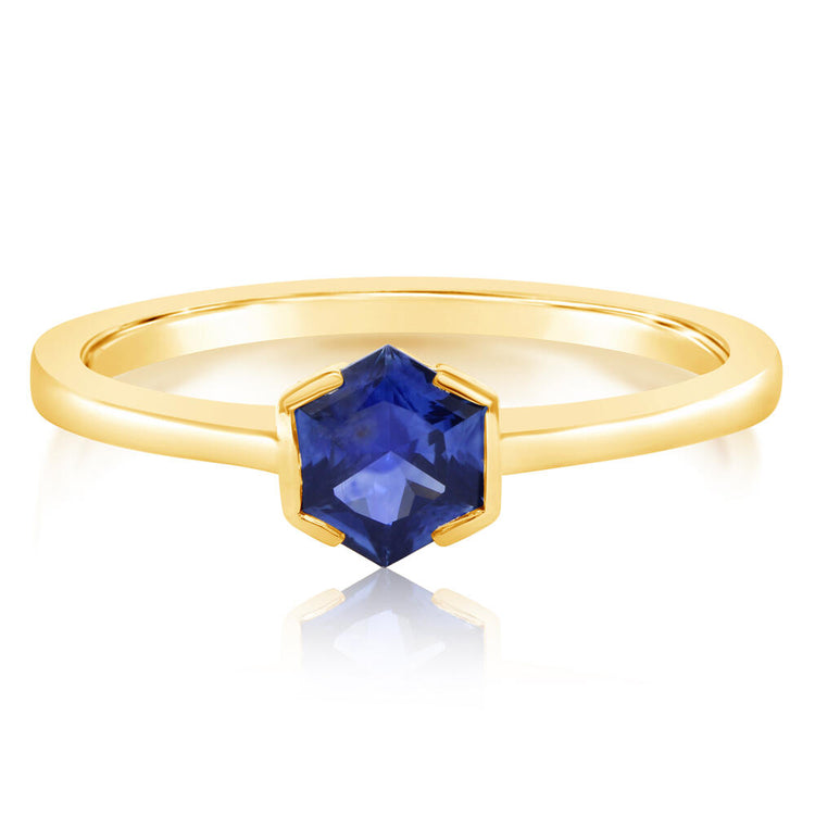 14K Yellow Gold 5mm Hexagon Montana Sapphire Pendant Ring