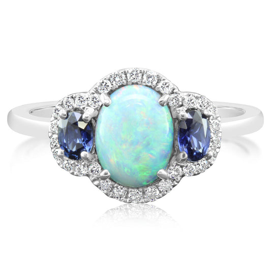 14K White Gold Australian Opal/Tanzanite/Diamond Ring ,H