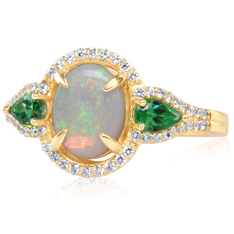 14K Yellow Gold Australian Opal/Tsavorite/Diamond Ring