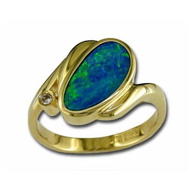 14K Yellow Gold Australian Opal Doublet/Diamond Ring