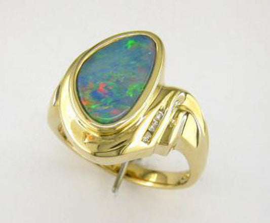 14K Gold Australian Opal Doublet Ring with Diamond