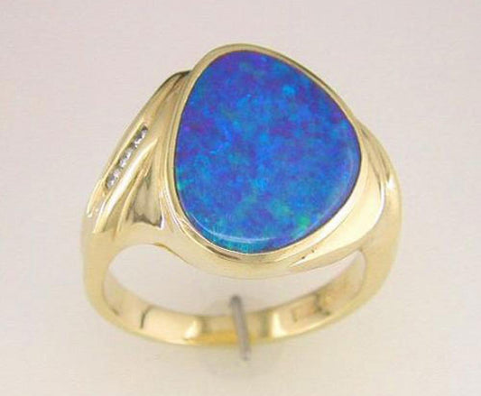 14K Yellow Gold Australian Opal Doublet Ring with Diamond