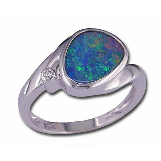 14K White Gold Australian Opal Doublet/Diamond Ring