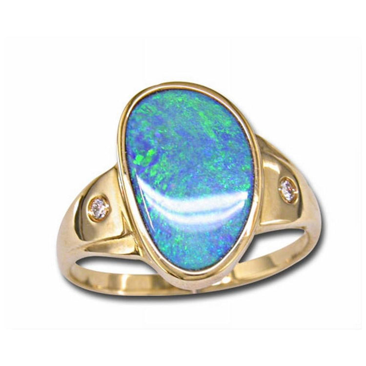 14K Yellow Gold Australian Opal Doublet/Diamond Ring