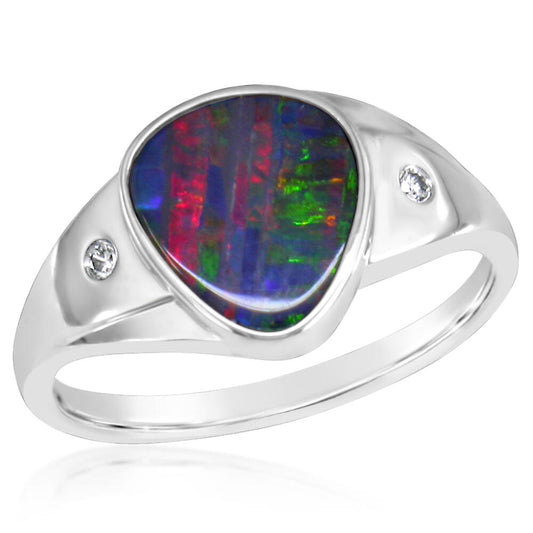 14K White Gold Australian Opal Doublet/Diamond Ring