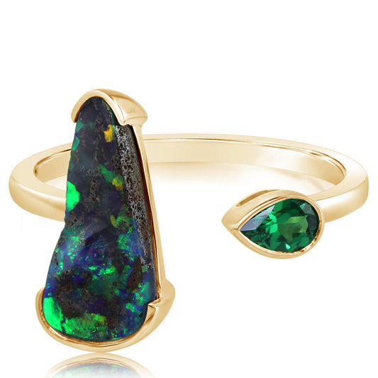 14K Yellow Gold Australian Boulder Opal/Tsavorite Ring