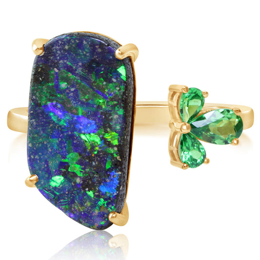 14K Yellow Gold Australian Boulder Opal/Tsavorite Ring