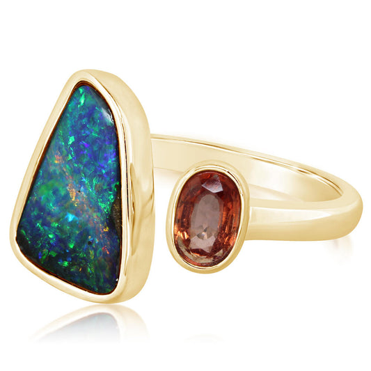 14K Yellow Gold Australian Boulder Opal/Orange Sapphire Ring ,