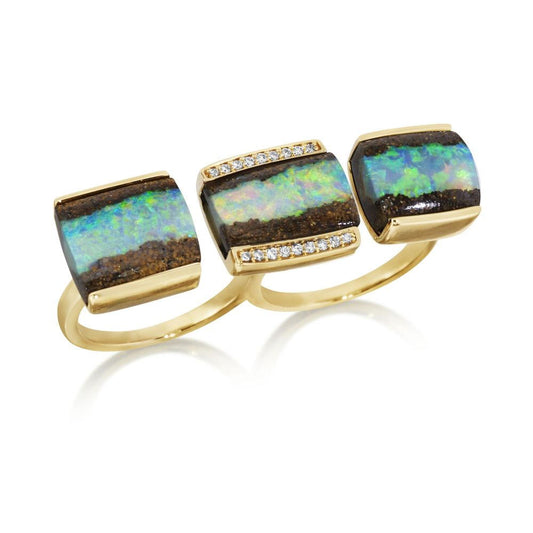 18K Yellow Gold Australian Boulder Opal/Diamond Two Finger Ring