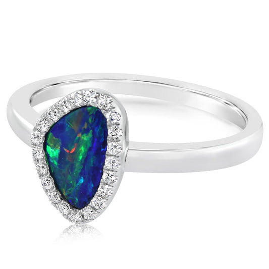 14K White Gold Australian Opal Doublet/Diamond Ring