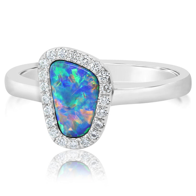 14K White Gold Australian Opal Doublet/Diamond Ring