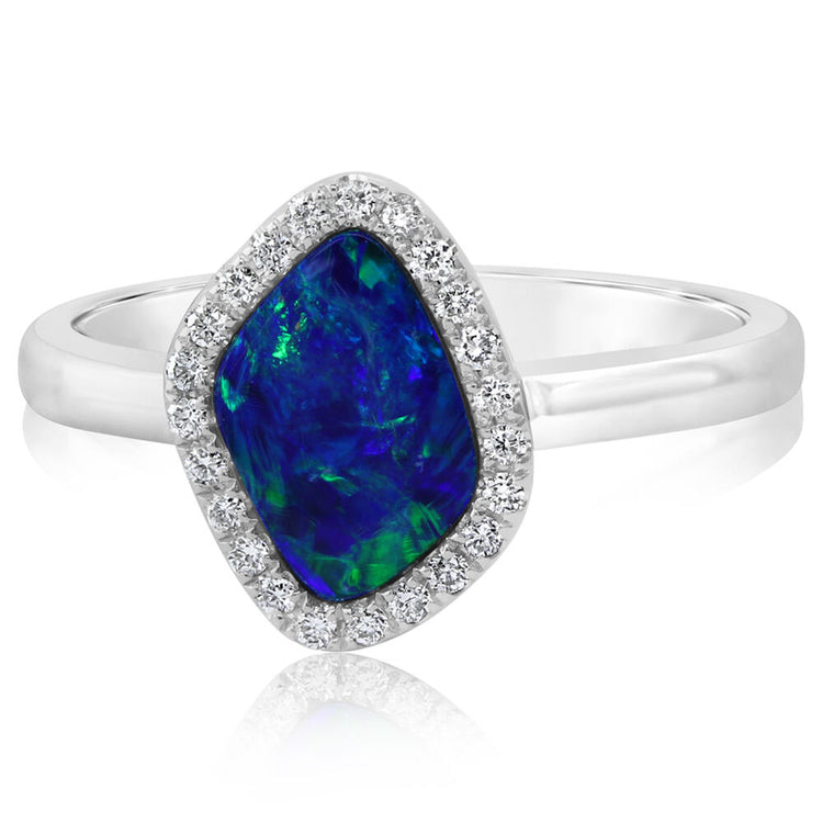 14K White Gold Australian Opal Doublet/Diamond Ring