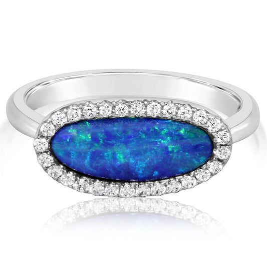 14K White Gold Australian Opal Doublet/Diamond Ring