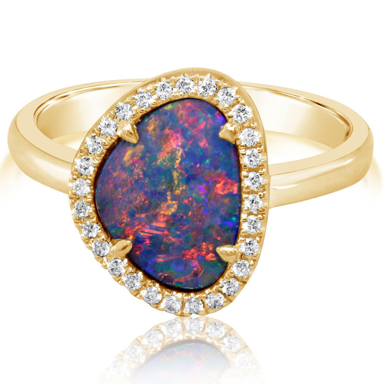 14K Yellow Gold Australian Opal Doublet/Diamond Ring