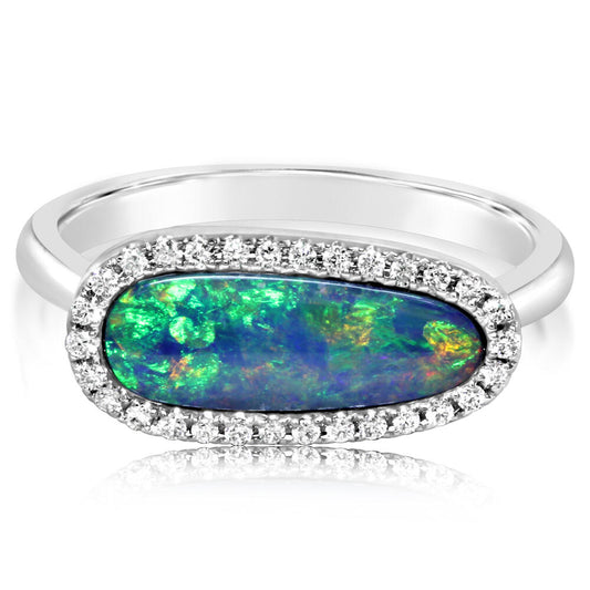 14K White Gold Australian Opal Doublet/Diamond Ring