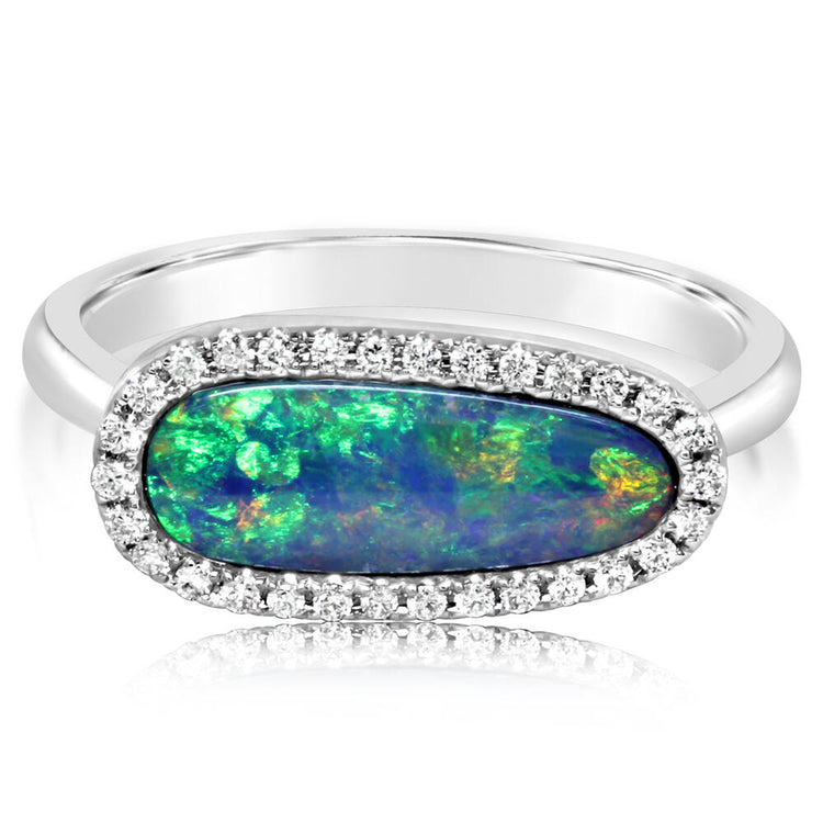 14K White Gold Australian Opal Doublet/Diamond Ring