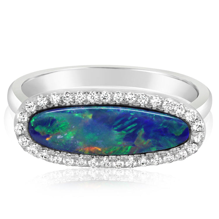 14K White Gold Australian Opal Doublet/Diamond Ring