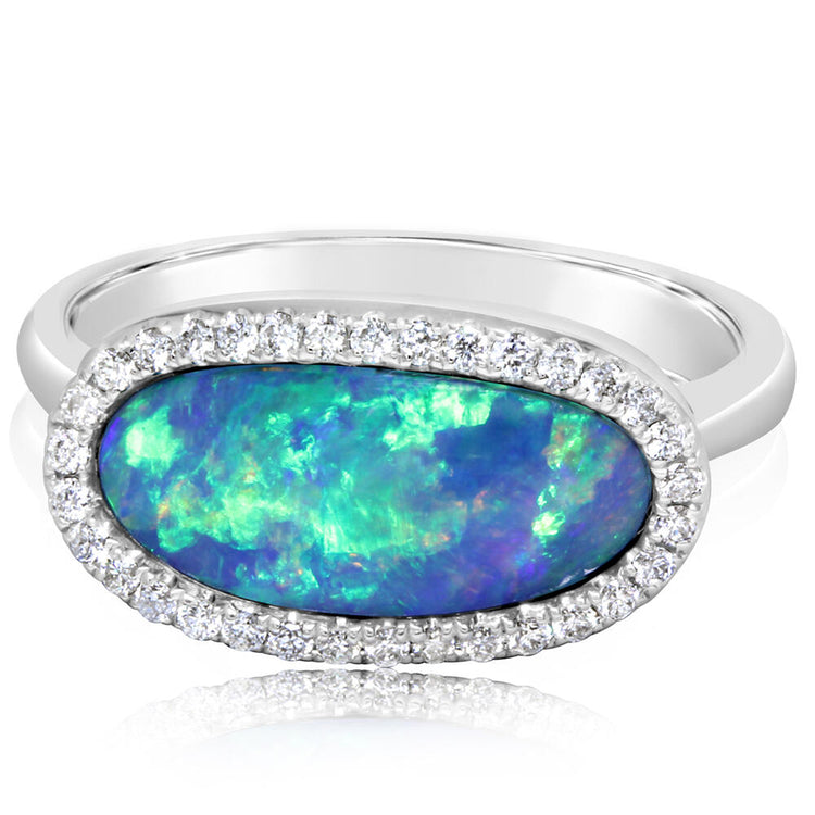 14K White Gold Australian Opal Doublet/Diamond Ring