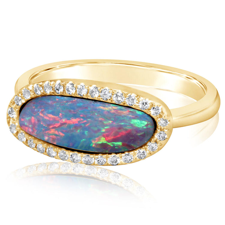 14K Yellow Gold Australian Opal Doublet/Diamond Ring