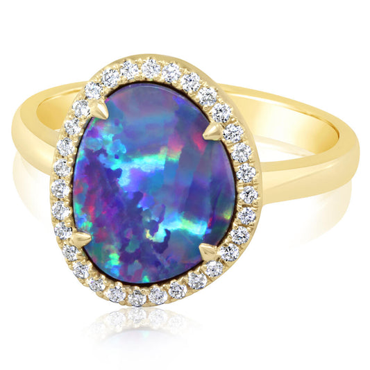 14K Yellow Gold Australian Opal Doublet/Diamond Ring