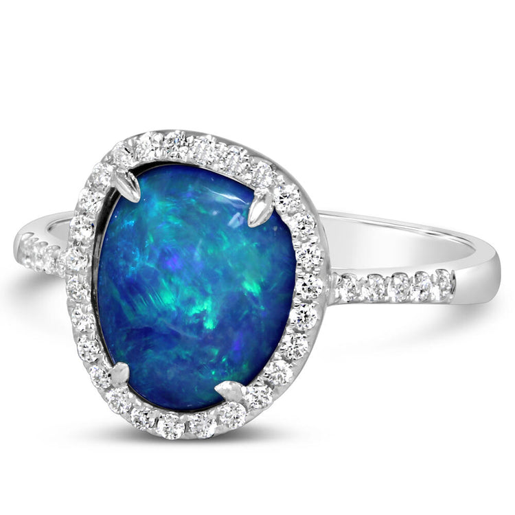 14K White Gold Australian Opal Doublet/Diamond Ring