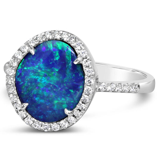 14K White Gold Australian Opal Doublet/Diamond Ring