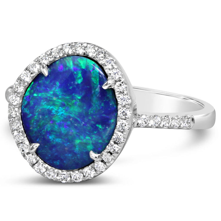 14K White Gold Australian Opal Doublet/Diamond Ring