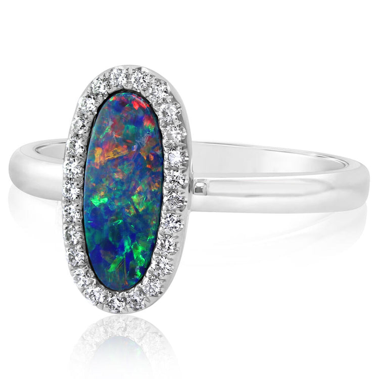 14K White Gold Australian Opal Doublet/Diamond Ring