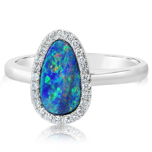 14K White Gold Australian Opal Doublet/Diamond Ring