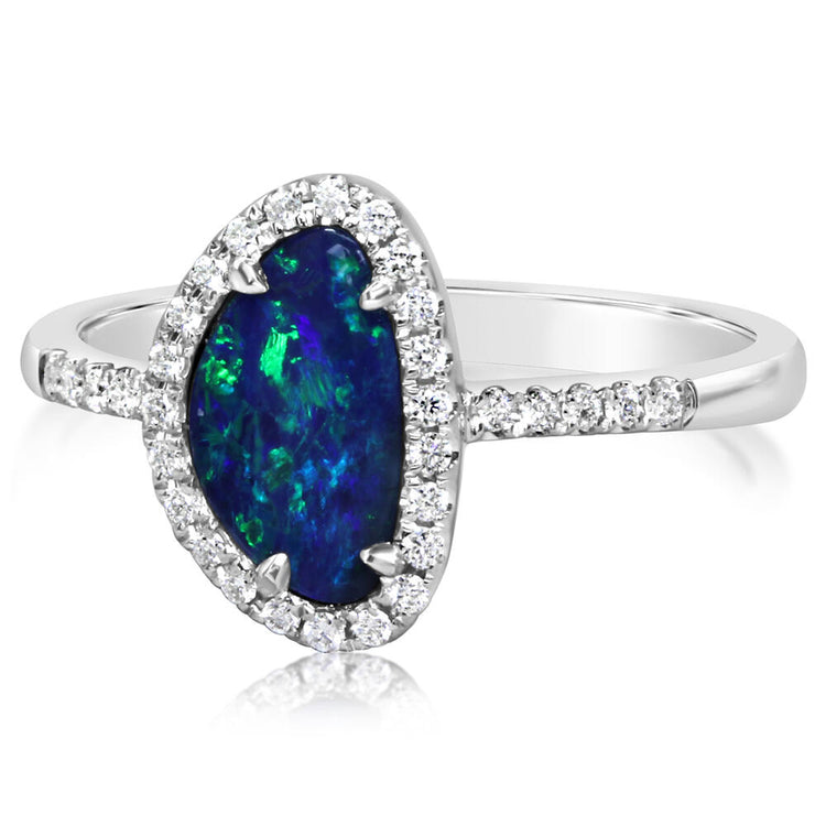 14K White Gold Australian Opal Doublet/Diamond Ring