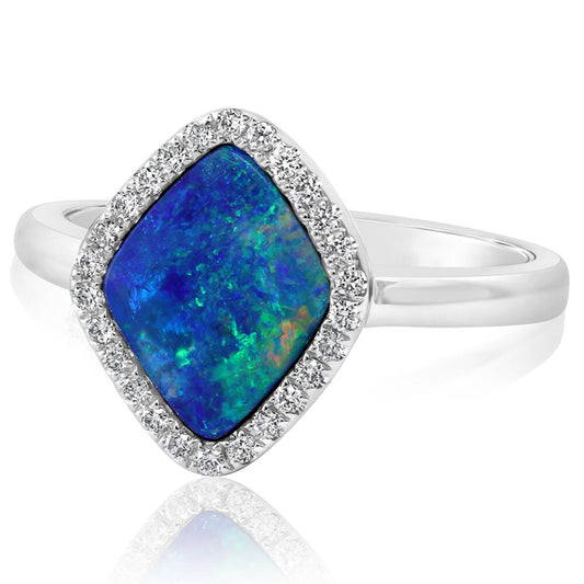 14K White Gold Australian Opal Doublet/Diamond Ring