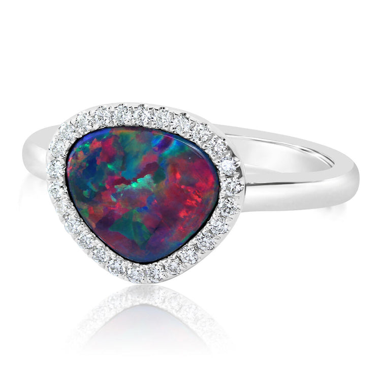 14K White Gold Australian Opal Doublet/Diamond Ring