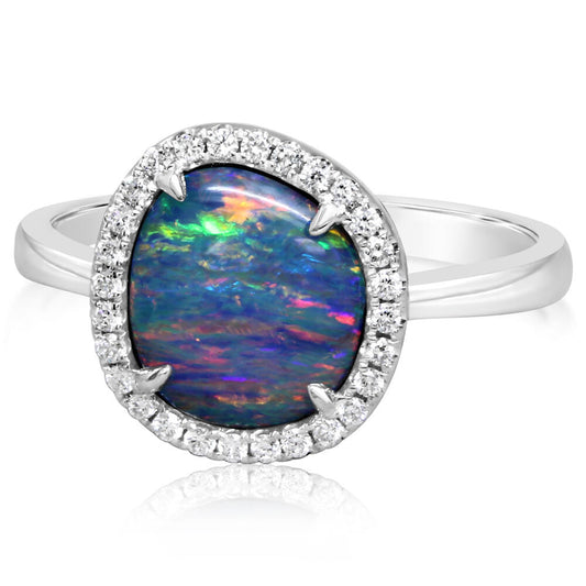 14K White Gold Australian Opal Doublet/Diamond Ring