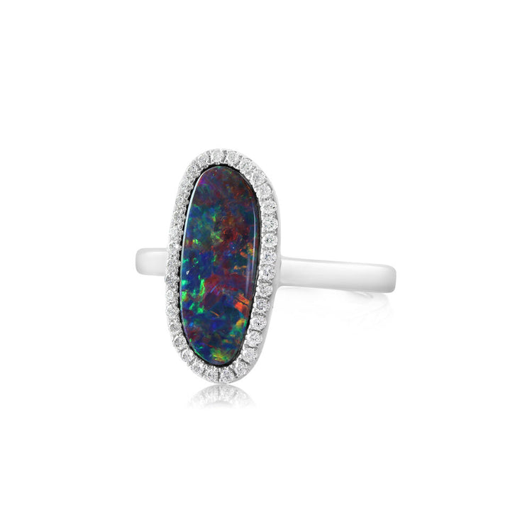 14K White Gold Australian Opal Doublet/Diamond Ring