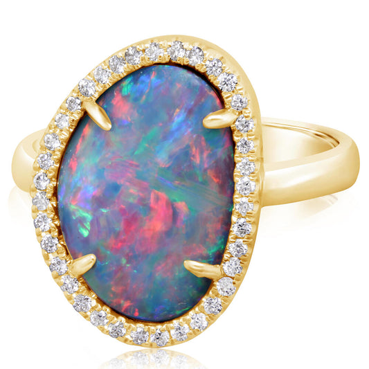 14K Yellow Gold Australian Opal Doublet/Diamond Ring