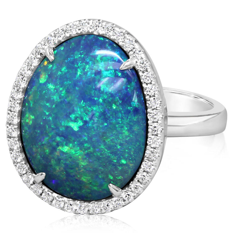 14K White Gold Australian Opal Doublet/Diamond Ring