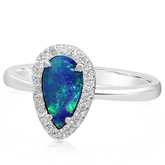 14K White Gold Australian Opal Doublet/Diamond Ring