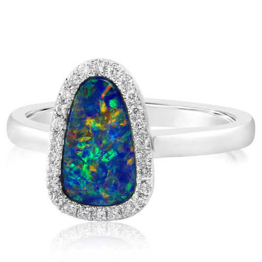 14K White Gold Australian Opal Doublet/Diamond Ring