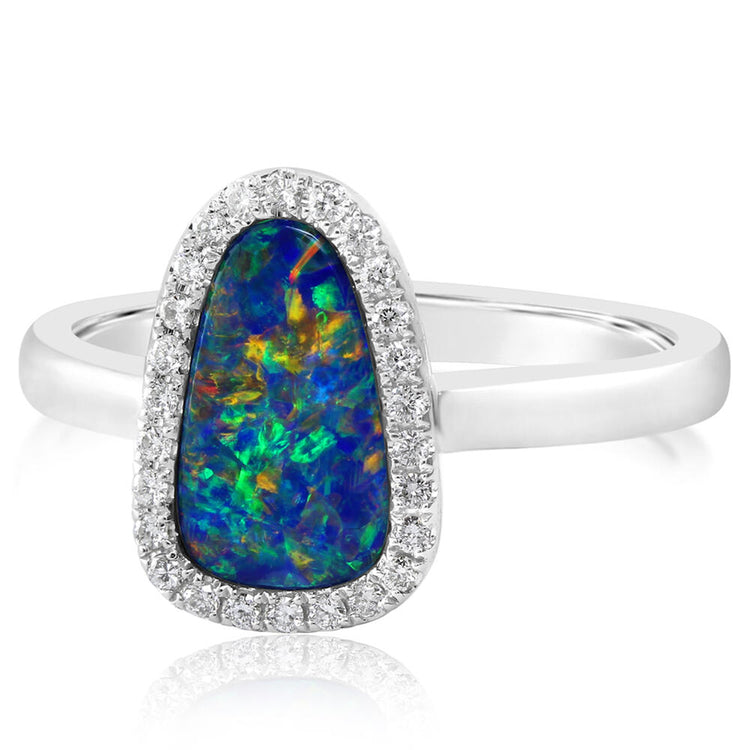 14K White Gold Australian Opal Doublet/Diamond Ring