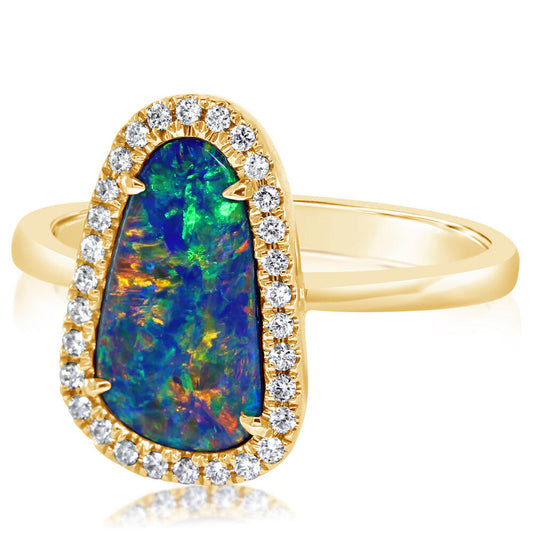 14K Yellow Gold Australian Opal Doublet/Diamond Ring