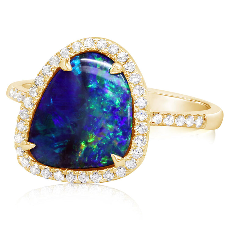 14K Yellow Gold Australian Opal Doublet/Diamond Ring