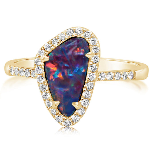 14K Yellow Gold Australian Opal Doublet/Diamond Ring