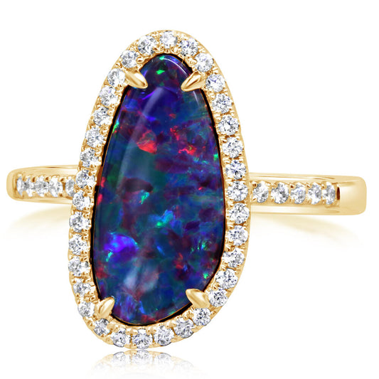 14K Yellow Gold Australian Opal Doublet/Diamond Ring