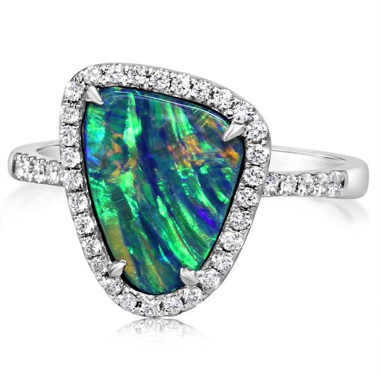 14K White Gold Australian Opal Doublet/Diamond Ring